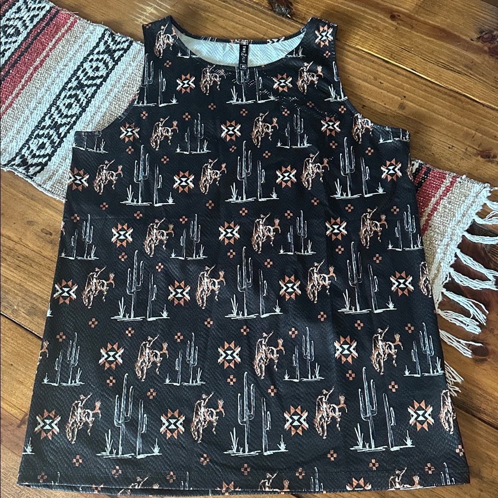 Black Sleeveless Top with Western Print